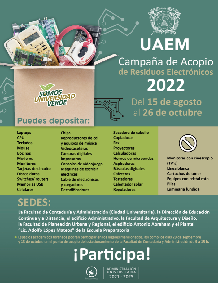 La UAEMéx invita a participar en la Campaña de Acopio de Residuos Electrónicos 2022